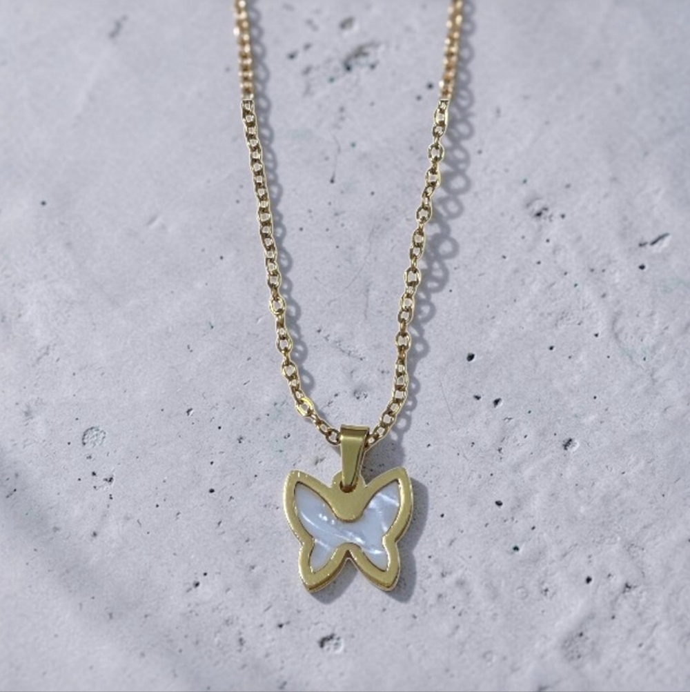 Gold Butterfly Pendant Necklace - White